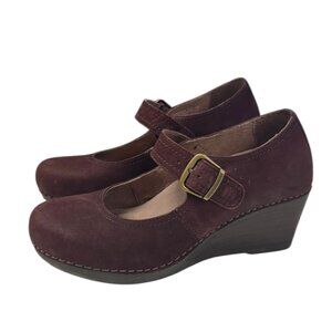 Dansko Sandra Mary Jane Wedge Shoes, Closed Toe, Raisin, Nubuck, Sz 38 / 7.5-8